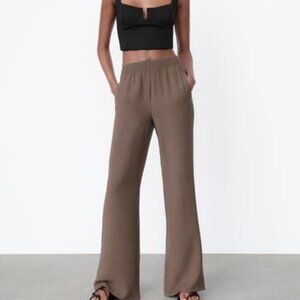 ZARA Textured Straight Leg Pants Brown taupe, Size XL, 7385/237